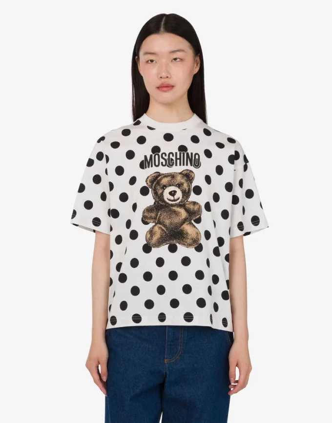 Camiseta de jersey de algodón orgánico con estampado de osito de peluche Moschino